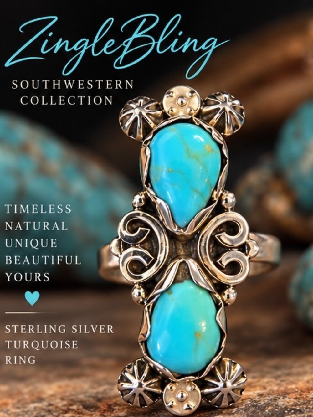 Sterling Silver Turquoise Statement Ring Size 9 Double Stone Southwestern 925